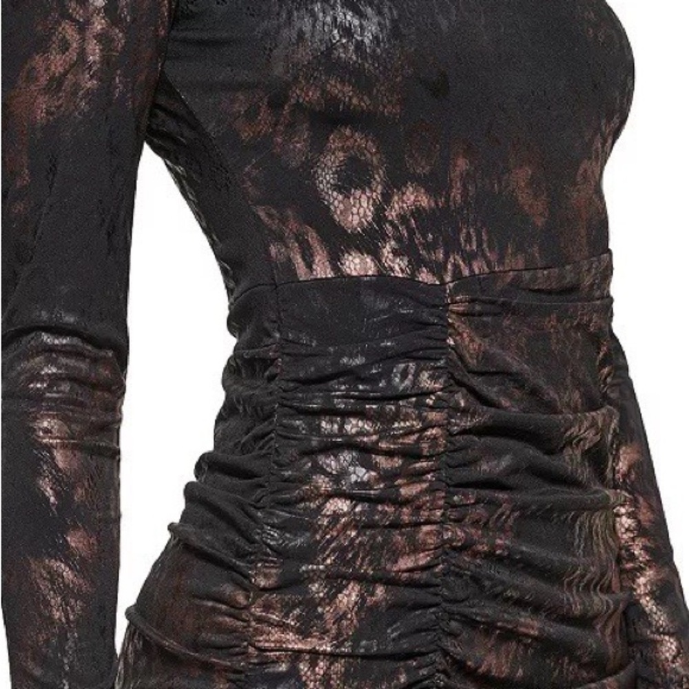 Long Sleeve Bodycon Dress, Bronzed Metallic Animal Print, Ruched Tulip Hem, 2